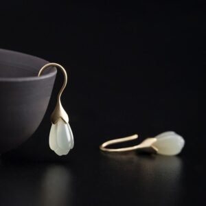 925 Sterling Silver Hetian Jade Magnolia Abundance Drop Earrings