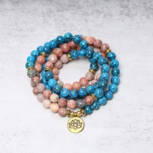 108 Mala Beads Apatite Red Stone Lotus Meditation Prayer Bead Bracelet